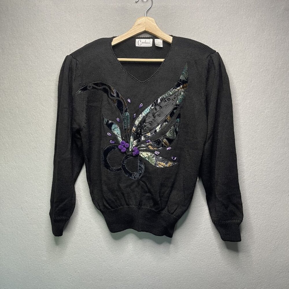 Vintage Carducci Women’s Black Sweater With Applique Design Medium